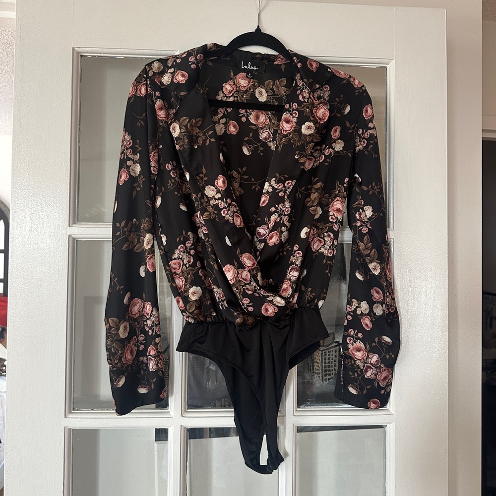 Lulu's Black Floral Bodysuit Top